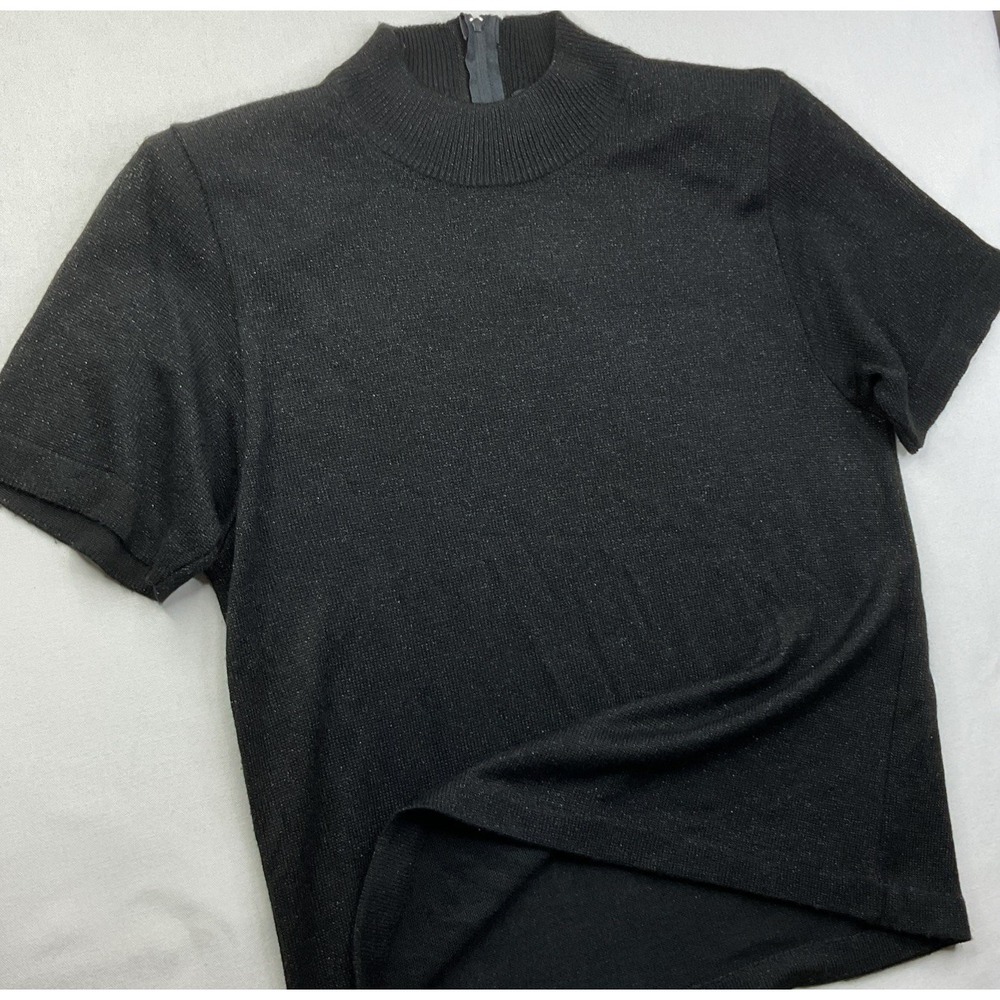 Rochelle California Knit Top Womens M Mock Neck Padded Shoulder Black 90s Top